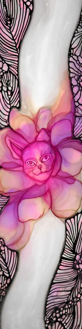 Free abstract cat art bookmarks featuring a fuchsia cat on white abstract cat art